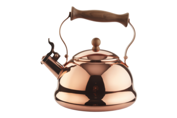 Polished copper kettle with wooden handle reflects warm light, evoking cozy kitchen moments isolated on transparent background.