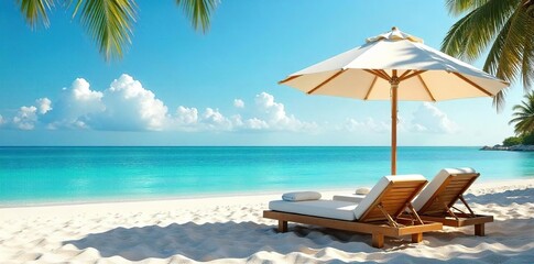 Relaxing beach scene with comfy beds under a large beach umbrella offering shade and comfort Perfect for summer vacation or tropical getaway imagery , cabana, waves