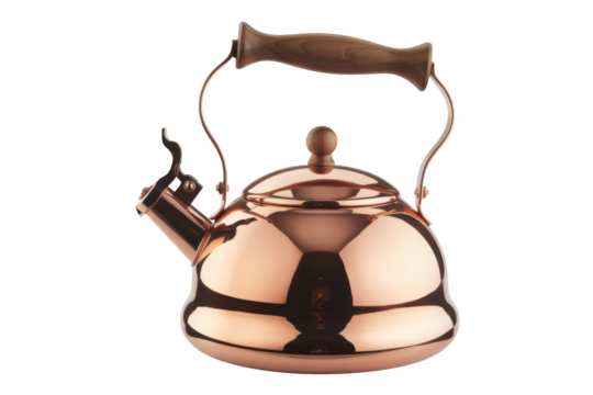 Polished copper kettle with wooden handle reflects warm light, evoking cozy kitchen moments isolated on transparent background. - Powered by Adobe