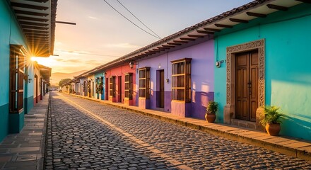 Vibrant Colonial Street at Sunset with Colorful Facades and Cobblestone Road.