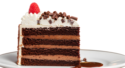 Decadent Triple-Layer Chocolate Cake Slice with Chocolate Ganache, Cream Filling, and Fresh Raspberry — Gourmet Dessert Plate Presentation for Bakery, Restaurant Menu, or Special Occasion