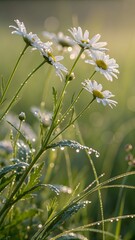  Close up view of white daisies covered in sparkling morning dew drops in a vibrant green field during sunrise