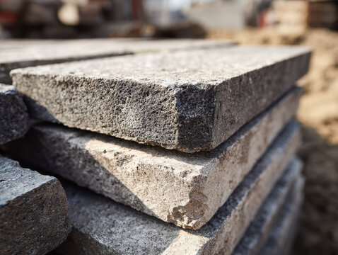 Stacked construction concrete slabs at a building site