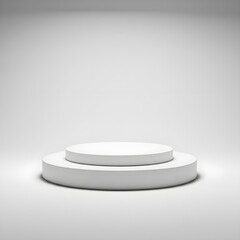 Two-level podium in circular shape, matte white texture, isolated on seamless white background with professional studio lighting.
