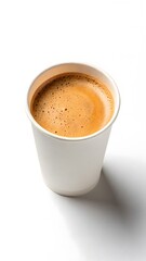 Fototapeta premium Freshly brewed hot coffee with rich crema in a simple white disposable paper cup on an isolated background