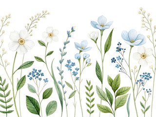 Fototapeta premium Watercolor illustration of white and blue flowers with green leaves on a white background art design