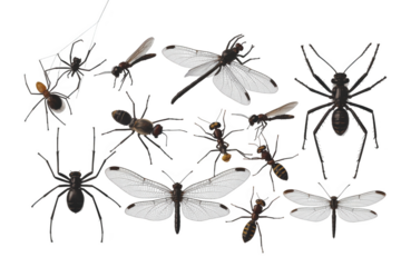 A diverse collection of insects and arachnids showcased against a clean transparent background.