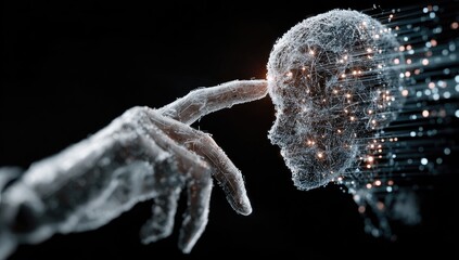 A hand touches a digital human head, a network of light