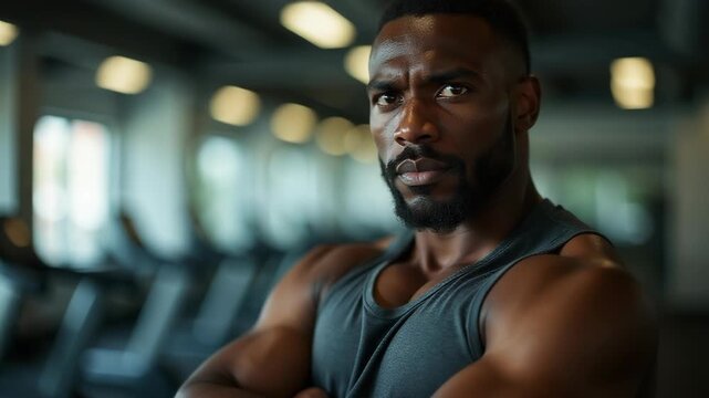 A person standing in a gym, arms crossed, wearing casual workout attire