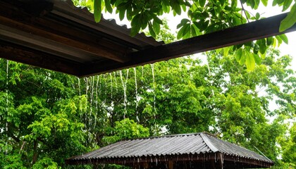 Heavy Rain Falling from Overhang onto Lush Green Foliage