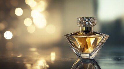 Golden perfume bottle on reflective surface, bokeh background