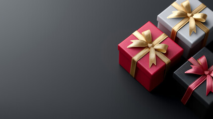 Gift Boxes with Golden Ribbons on Black Background