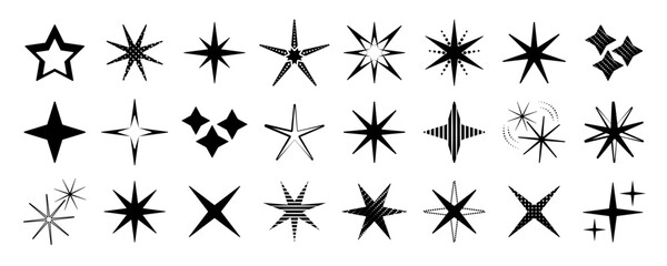 Stars and sparkles black futuristic icon set, vector monochrome sparks sign collection, retro abstract y2k flash symbols, different shining shapes with various patterns