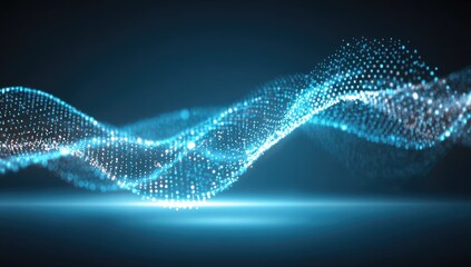 Fototapeta premium A dynamic display of light blue particles forming flowing waves against a dark background.