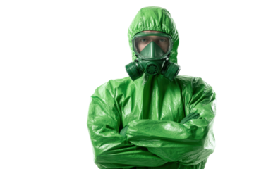 Person in Green Hazmat Suit and Gas Mask on Transparent Background