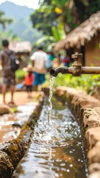 Fresh water flows from a rustic faucet into a stone-lined channel, showcasing a community water source in a rural setting.