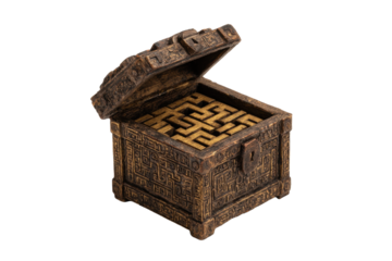 Antique Puzzle Box with Open Maze Lid on Transparent Background