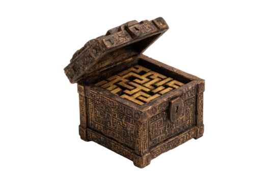 Antique Puzzle Box with Open Maze Lid on Transparent Background - Powered by Adobe