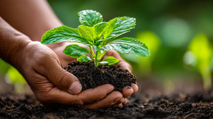 Hands planting a young seedling in fertile soil for sustainable growth