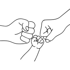 Minimal continuous line drawing of parents and baby making a fist bump together. Symbol of family unity, love, support, and connection.