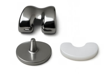 Knee replacement surgery implant components on transparent background