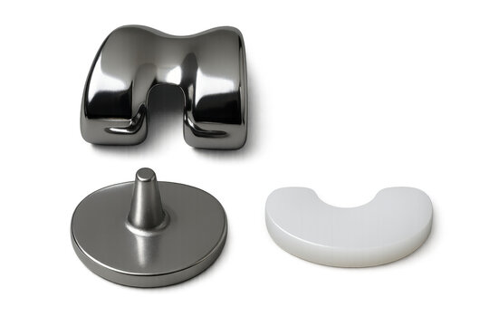 Knee replacement surgery implant components on transparent background