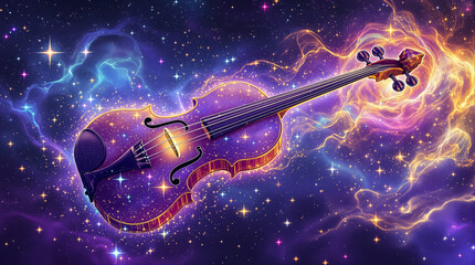 Fototapeta premium Cosmic concerto: a lone violin playing the silent, vibrant music of the nebulae and shimmering starlight.