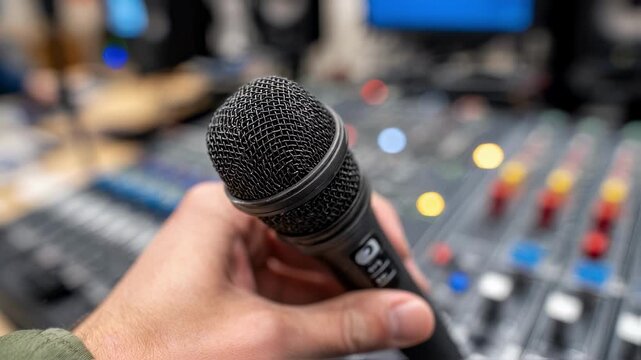 Sharp focus on a wireless A2 mics onoff switch held by a technician with the surrounding sound equipment out of focus.
