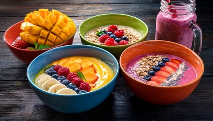 colorful bowls of fruit oats and smoothie on a wooden table