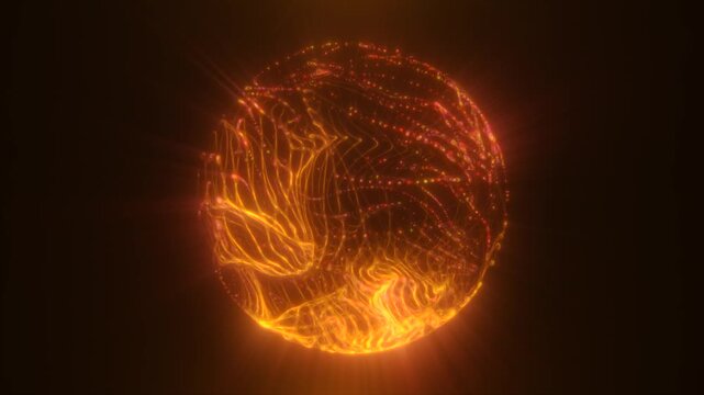Radiant orange digital sphere with glowing plasma-like threads and flickering light in a warm, abstract space