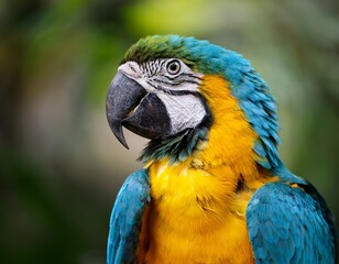 Fototapeta premium close up of blue and yellow macaw parrot perched on branch with colorful feathers