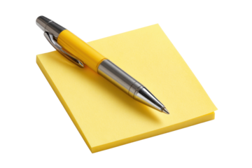 Yellow Ballpoint Pen on Yellow Sticky Note Pad on Transparent Background