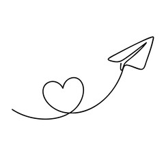 Minimal continuous line drawing of a paper airplane flying with a heart symbol. Represents love, freedom, travel, hope, and positive connection.
