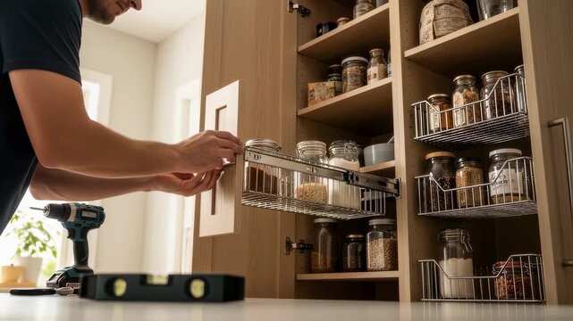 footage of retrofitting a tall pantry with adjustable pullout shelves transforming cluttered shelves into tidy storage solutions.