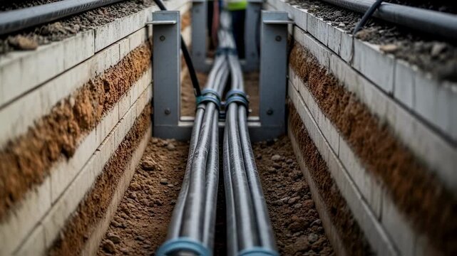 footage of stepbystep installation of underground cables in a pit as part of ground power unit infrastructure upgrade.