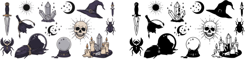 Set of witchcraft items. Collection of witchy magic equipment dagger, celestial crystal, skull, potions, bugs, candles, and crystal balls. Vector illustration of mythical elements