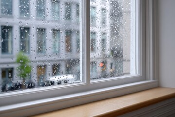 Obraz premium Raindrops sliding down window glass, blurring cityscape view with buildings and trees, evoking moody, contemplative urban rainy scene