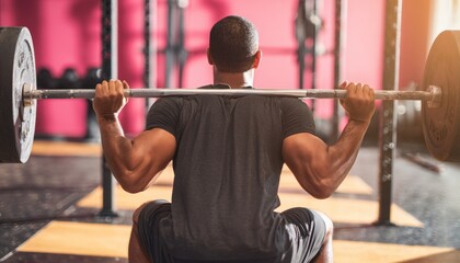 Naklejka premium Muscular athlete performing weighted squats, holding heavy barbell across shoulders during intense strength workout in contemporary fitness facility, demonstrating physical discipline