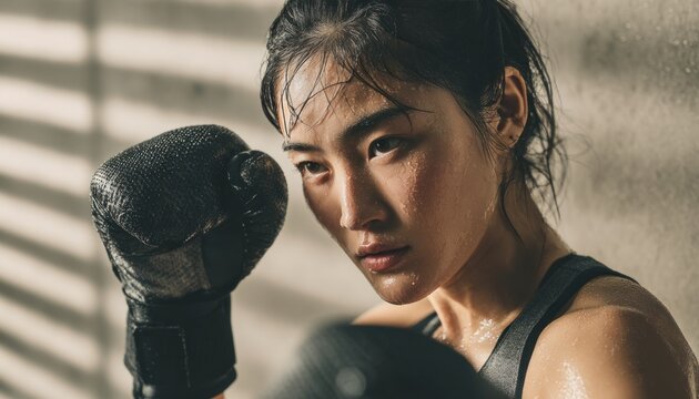 Muscular asian boxer intensely training, sweat drenched body and determined expression revealing fierce athletic commitment during workout