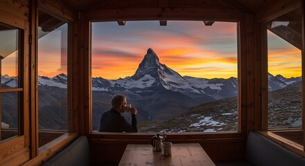 Man enjoys coffee with stunning Matterhorn sunrise view from mountain cabin