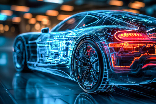Futuristic digital rendering of a high-performance sports car with advanced technology elements