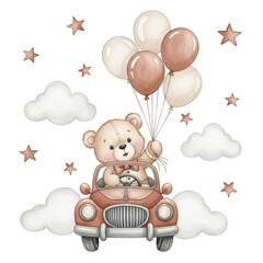 Teddy bear driving a car with balloons isolated on transparent background