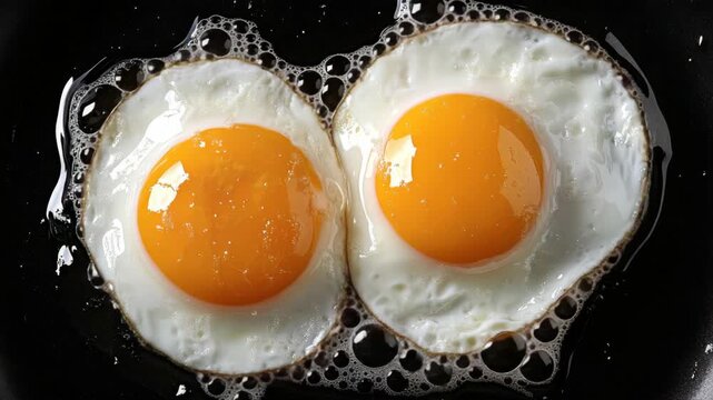 Fried eggs in a pan with bubbles of oil and steam rising from them.