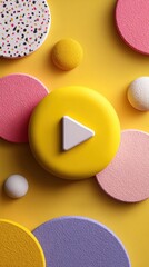 Fototapeta premium White play symbol centered in yellow circle, surrounded by multicolored spheres representing dynamic media design with vibrant visual energy