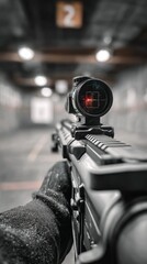 Trained military personnel gripping assault rifle, red dot sight aligned, capturing intense first person viewpoint during tactical firearm training scenario