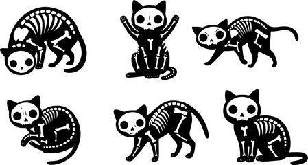 Set of skeleton black cats. Collection of silhouette halloween cats with bones costume. Funny pets. Vector illustration on white background. Tattoo.
