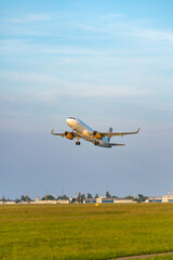 Passenger airplane taking off from Hostivice Airport in Prague, Czechia