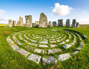 A sprawling stone circle with a spiraling pathway of grey stones sits amidst a field of vibrant green grass under a clear blue sky.