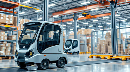 Naklejka premium AGV - Automated Guided Vehicle is an industrial vehicle that can be preprogrammed to transport goods in manufacturing, warehouse and between them