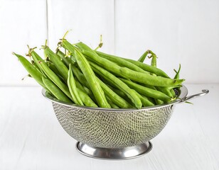 Fresh green beans in a metal colander